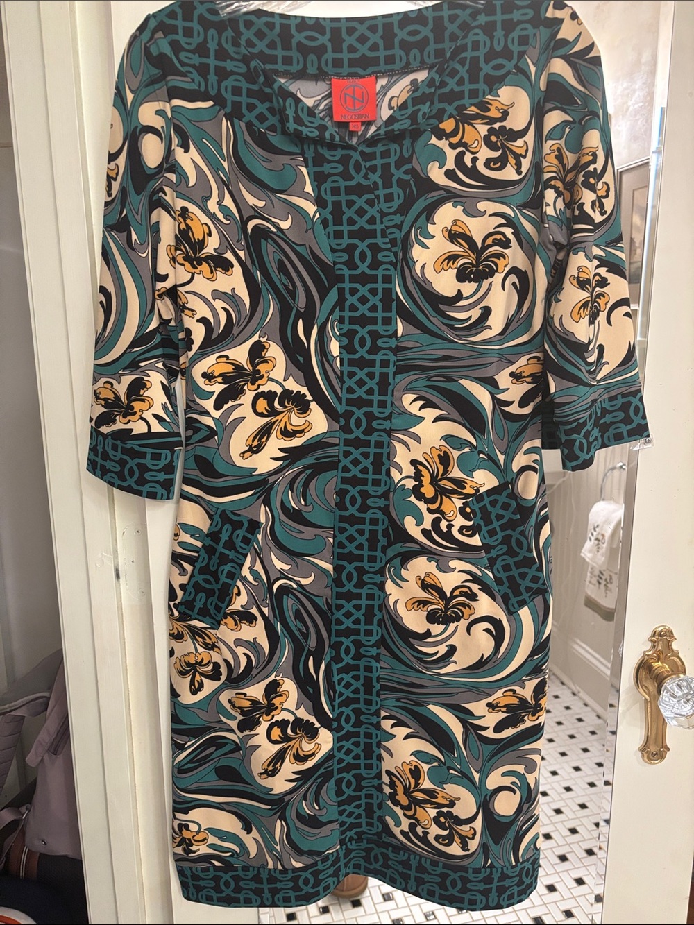 Tracy Negoshian Teal, Cream & Mustard Abstract Midi Dress